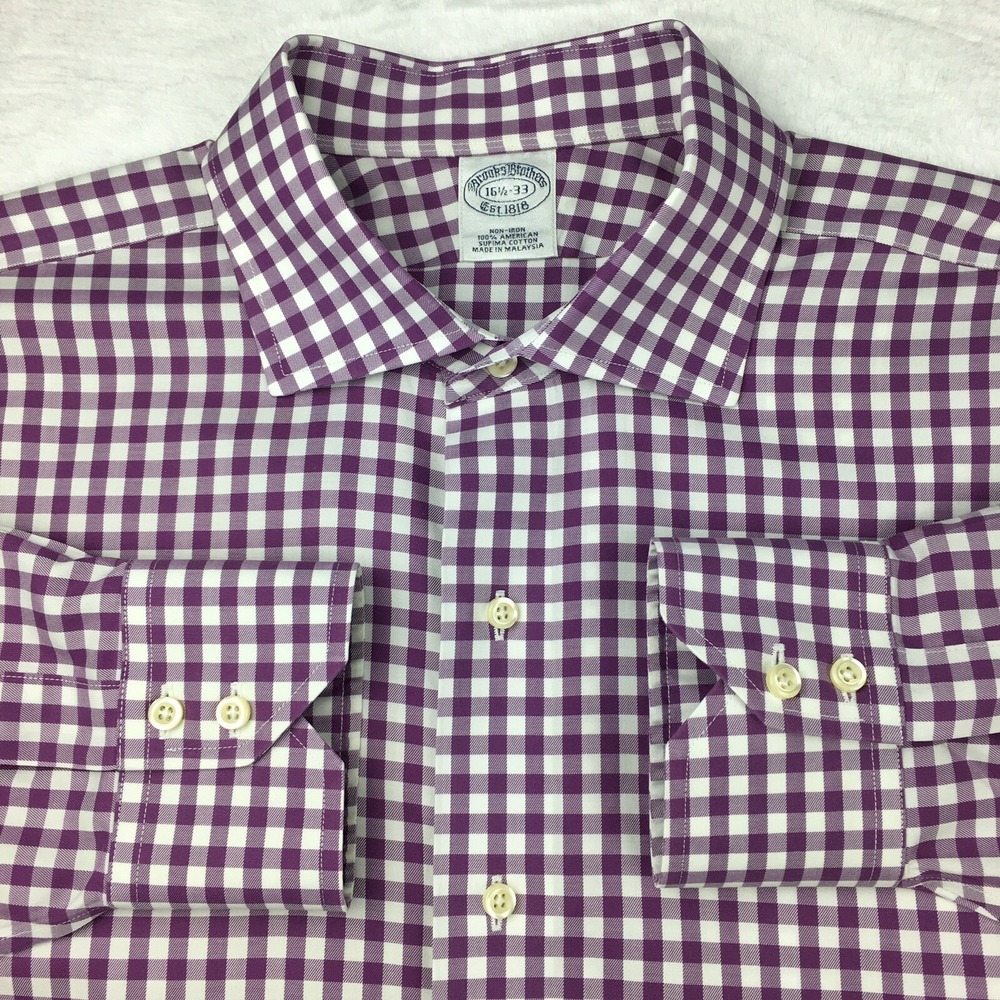 Brooks Brothers Men's 16.5-33 Dress Shirt Purple White Check Long Sleeve No Iron